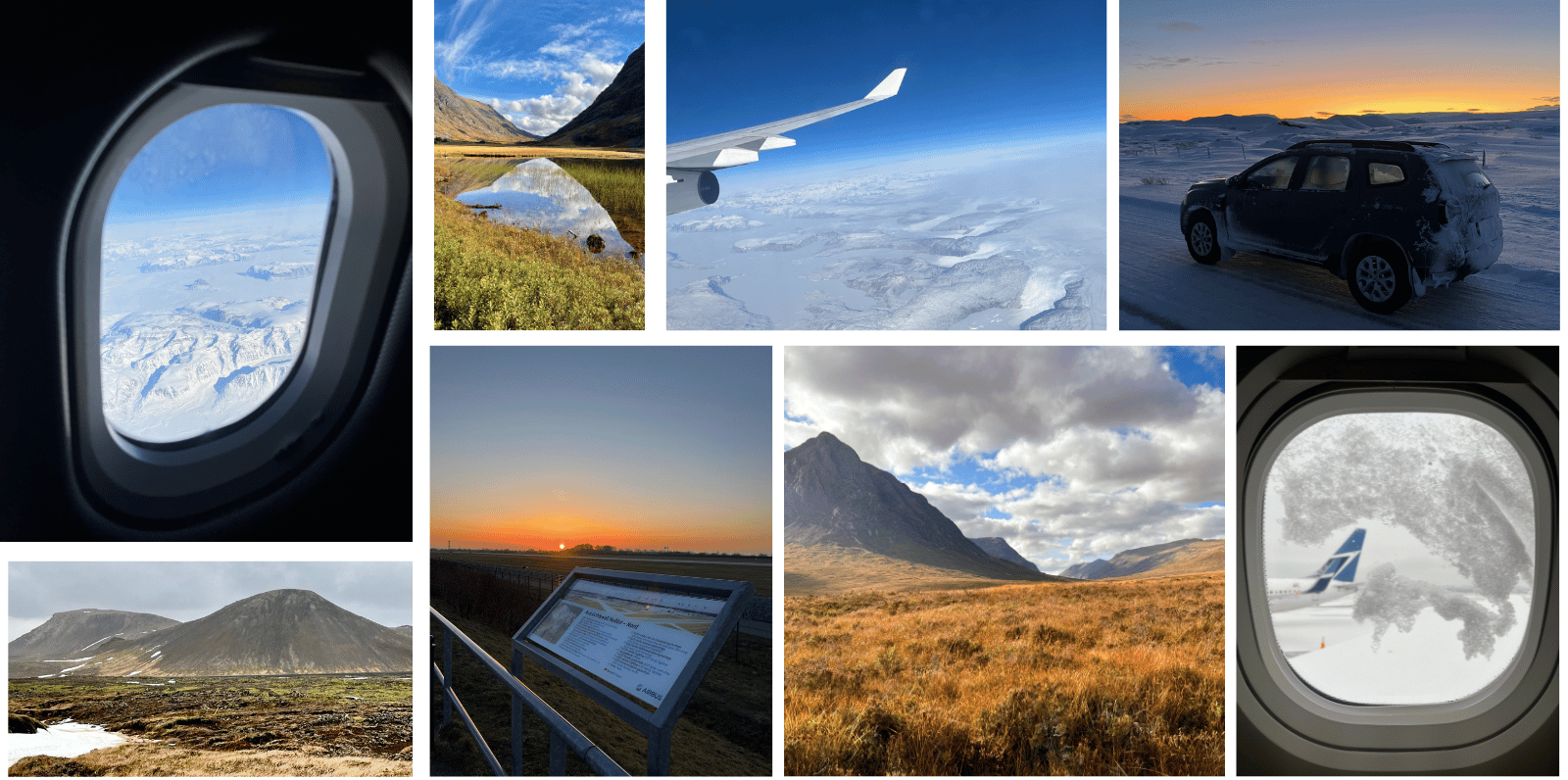 collage of images showing planes, mountains, cold landscapes and runways.