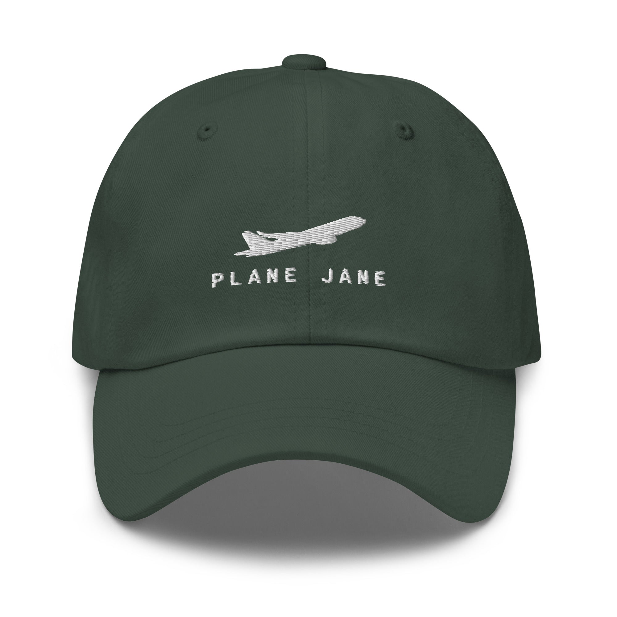 Forest Green cap with white embroidery saying Plane Jane